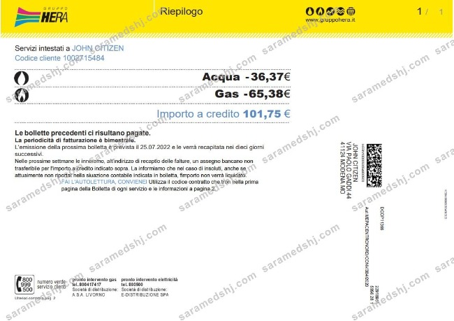 Italy Gruppo Hera utility bill, Word and PDF template